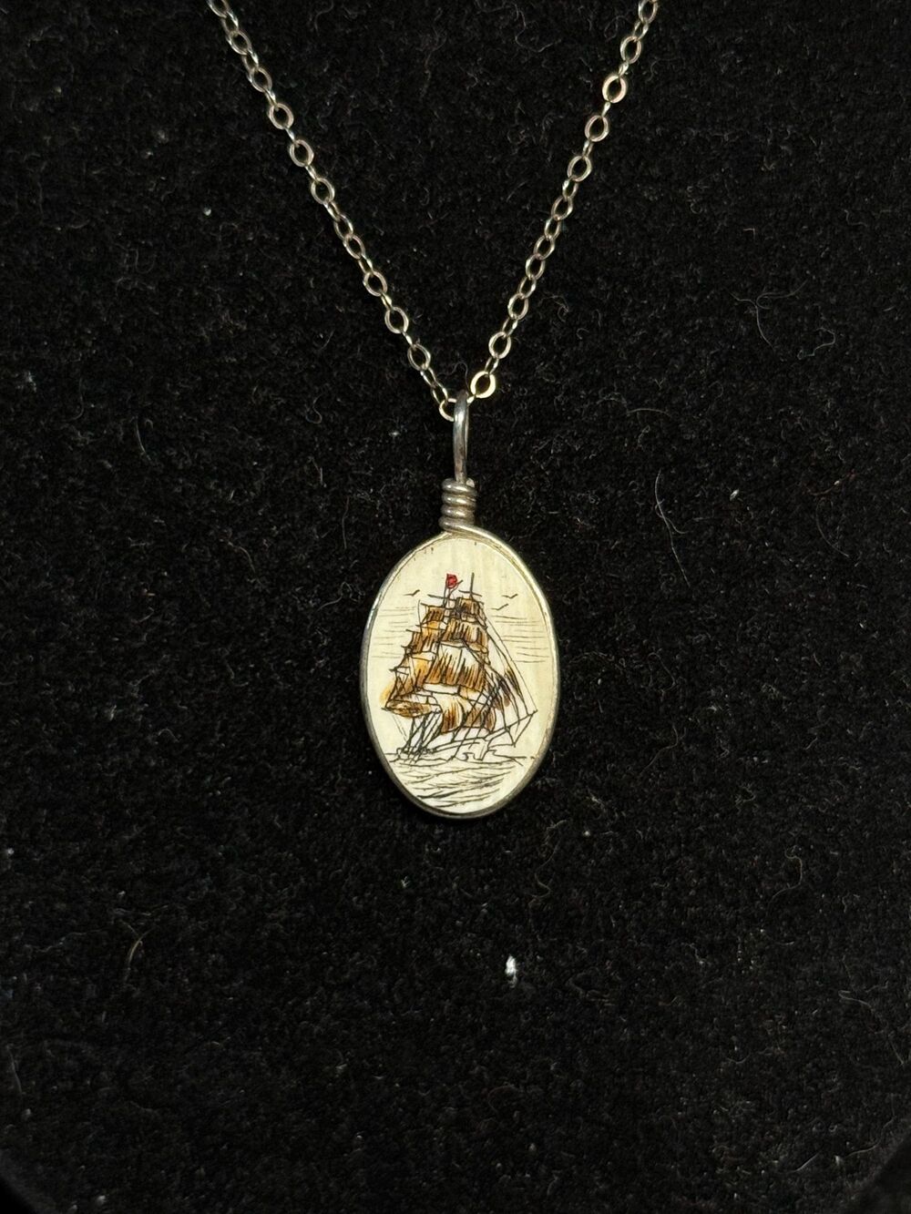 Sterling Silver Sailing Ship Scrimshaw Pendant Necklace